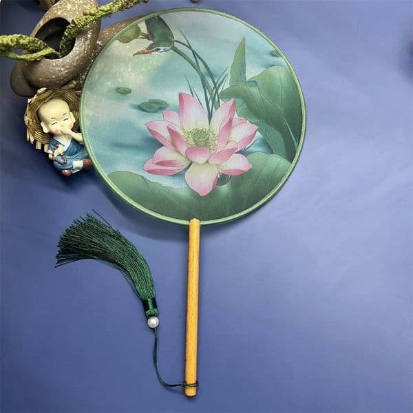 Chinese Round with Wooden Handle Portable Printed Vintage Silk Ancient Tassel Dance Hand Fan Tang Suit Wedding