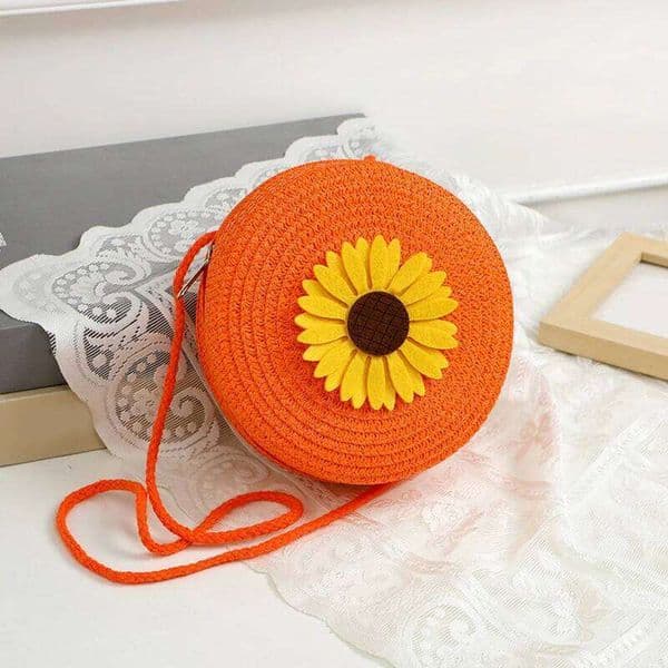 Summer Sunflower Decor Round Crossbody Shoulder Women Woven Beach Bag Ladies Rattan Handmade Knitted Straw Purse And Handbag