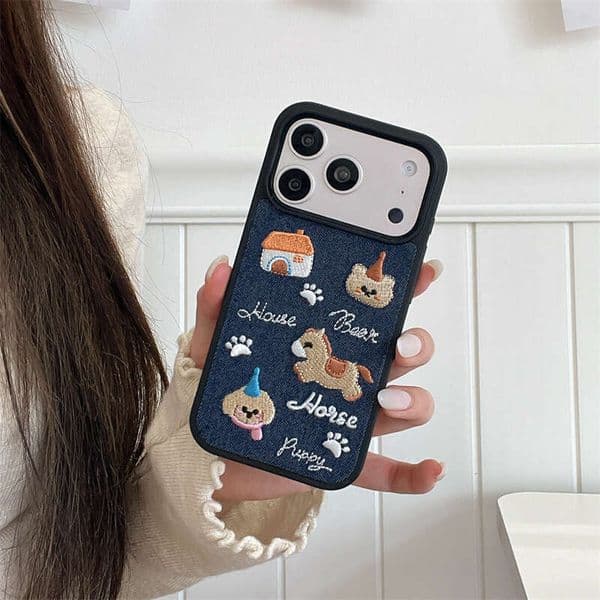 Denim Cute Embroidered Pony Dog for iPhone 17 Pro Max Apple 16 Phone Case 15 Cartoon 14