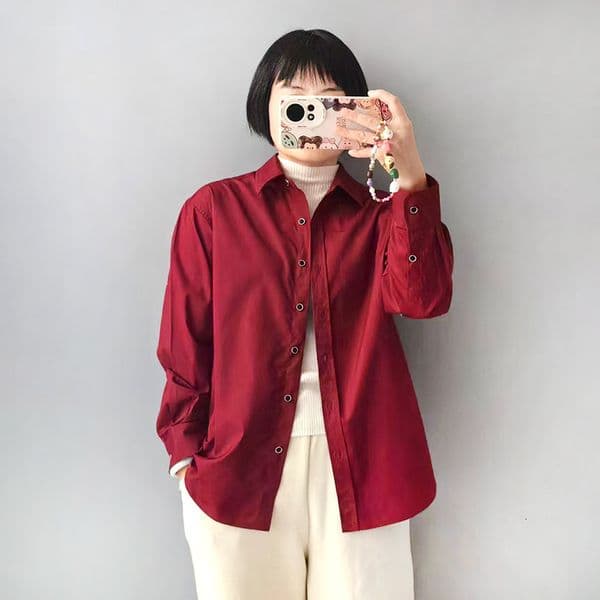 Red elegant style lady's shirt - solid color casual long-sleeved shirt