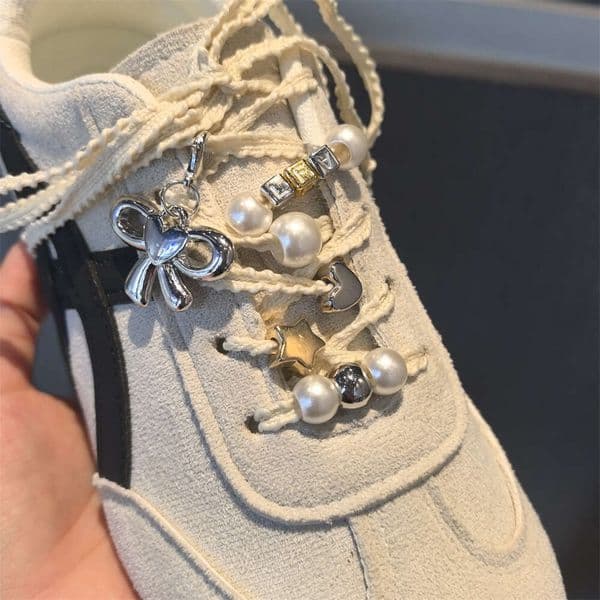 Dexun Shoes silver Beaded Pearl Bow Shoe Buckle Heart Five-Pointed Star Shoelace Decoration Accessories Large Hole Beads