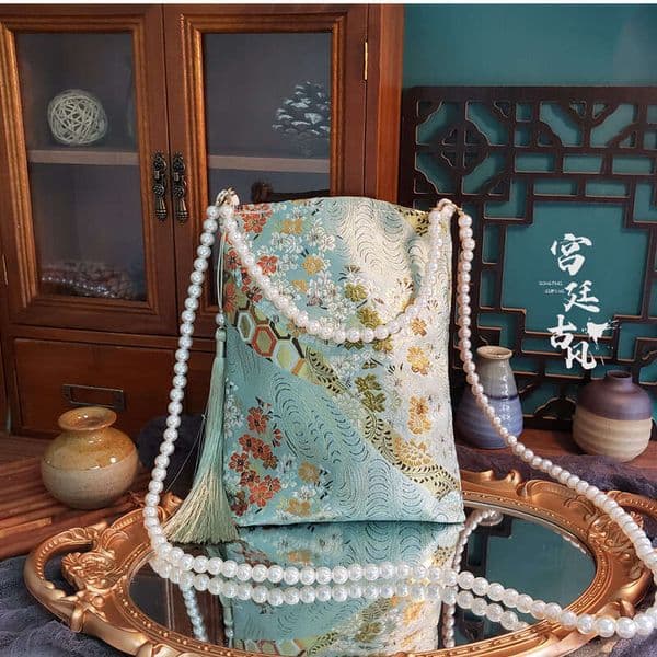 New Chinese Tassel Vertical Square Palace Pearl Crossbody Ancient Style Hanfu Bag Matching Cheongsam