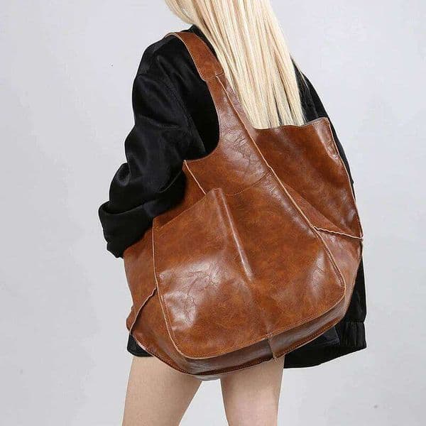 Women's Soft PU Leather Tote Bag Simple Vintage Pure Color Large Capacity Portable Handbag with Single Shoulder Handle