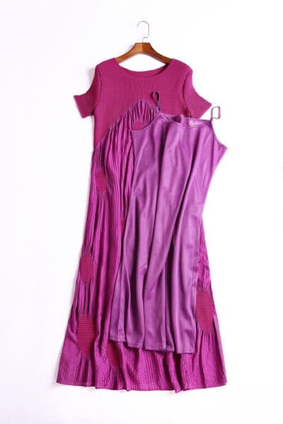 (157) Miyake short-sleeved high-end pleated dress with suspenders, women's summer long dress, cotton silk skirt