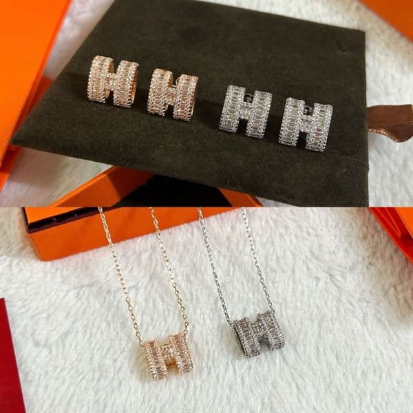 H Necklace Designer Necklace For Woman Man Jewerly Full Diamond H Letter Necklace Fine Inlaid Ladder Square High Carbon Diamond Necklace Hollow Letter Earrings