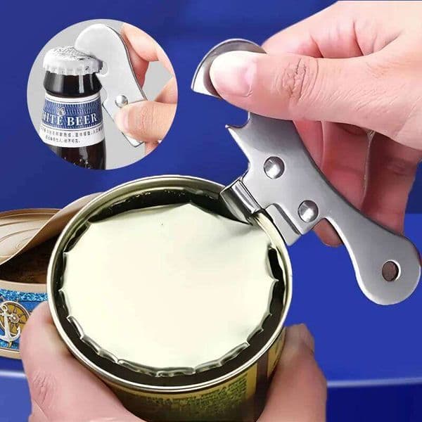 1PC Stainless Steel Manual Can Opener, Multi-Functional Tin Opener with Ergonomic Grip, Integrated Cap Twister for Kitchen Tools