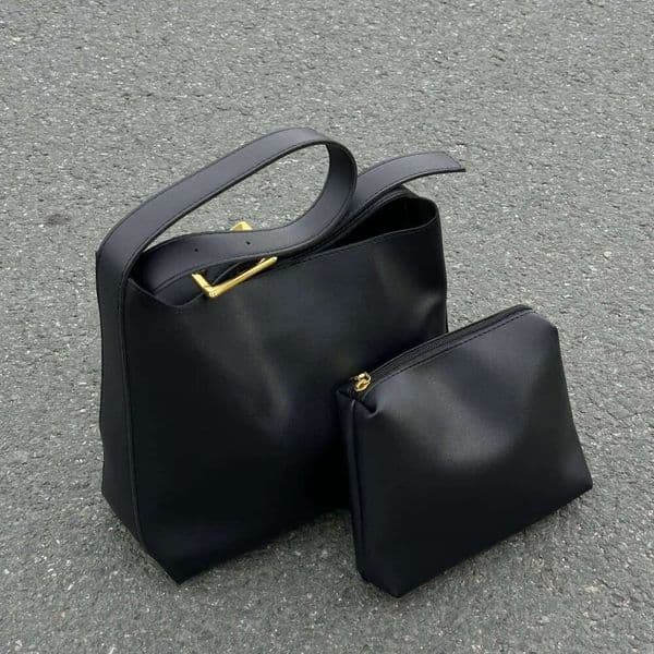 Set Vintage Solid Color Tote Minimalist Handbag Women Shoulder Retro Faux Leather Bucket Bag, Adjustable Strap