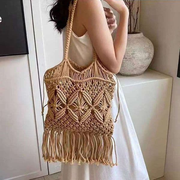 2025 Spring/Summer New Grass Woven Hollow Wool Large Capacity Tote Water Bucket Bag Knitted Women's Shoulder bag