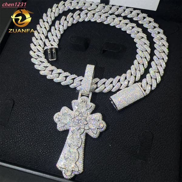 Fashion Unique Man Jewelry White Gold Color Hip Hop Pendant S925 VVS1 Moissanite Diamond Cross Pendant Cuban Chain Necklace Set