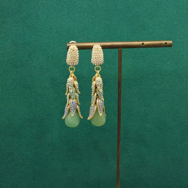 Western Antique Bronze Plated Vintage Gold Retro Leaf Inlaid with Diamonds Natural Stone Pendant Earrings