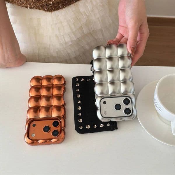 Cute Cartoon 3D Block Lattice Case For iPhone 17 16 15 14 13 12 Pro Max Glossy Candy Solid Color Soft Silicone Shockproof Cover