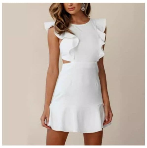 (1163) Solid Color Round Neck Sleeveless Ruffled Irregular Knitted High Waist Dress