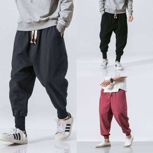 Cotton Linen Harem Men's Solid Color Elastic Waist Street Running Pants Loose Low Crotch Casual Trousers Male Style