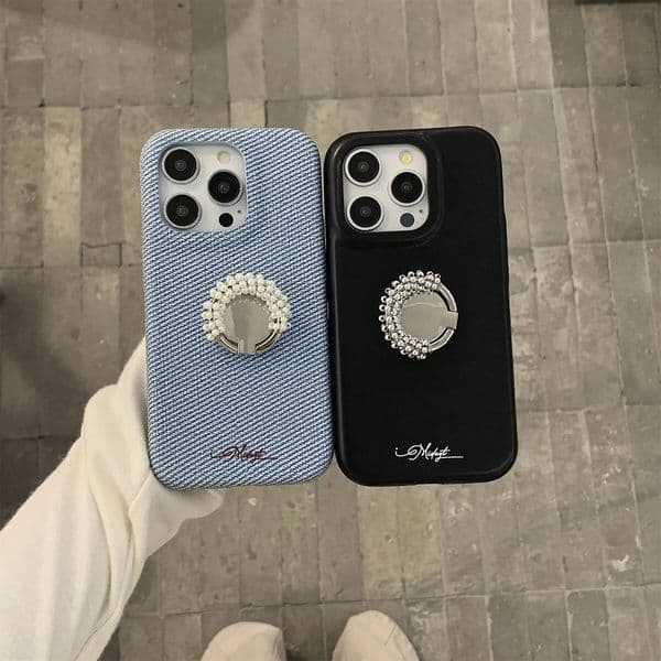 Luxury Korean Denim Fabric Texture Phone Case with Pearl Silvery Bead Ring Bracket for iPhone 17 16 15 14 13 Pro Max Back Cover