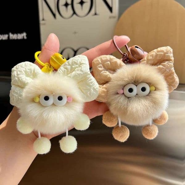 New Creative Imitation Rabbit Fur Bowknot Small Coal Ball Pendant Girly Heart Backpack Hanging Decoration Car Keychain Accessory