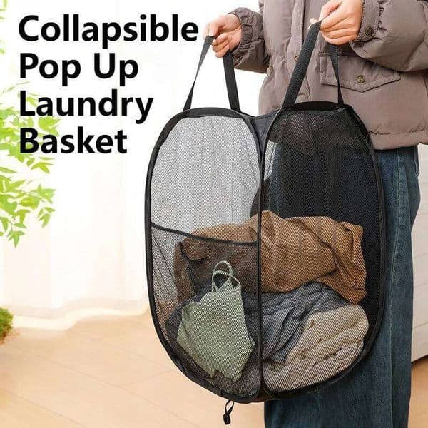 Collapsible Laundry Basket, with Sturdy Handles and Side Pocket - Mesh Portable Foldable Dirty Clothes Hamper 26H0126
