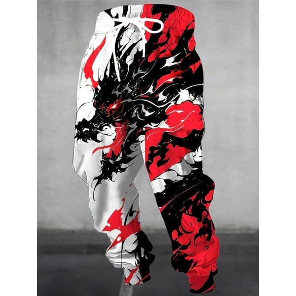 Spring and Autumn Men's New Chinese Dragon Printed Comfort Elastic Waist Outdoor Urban High Street Long Pants