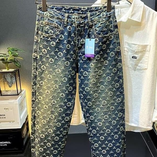 Luxury Designer Clothes Jacquard Jeans Unisex Autumn Winter New High Street Loose Straight Casual Wide-Leg Long Pants Men's Clothing
