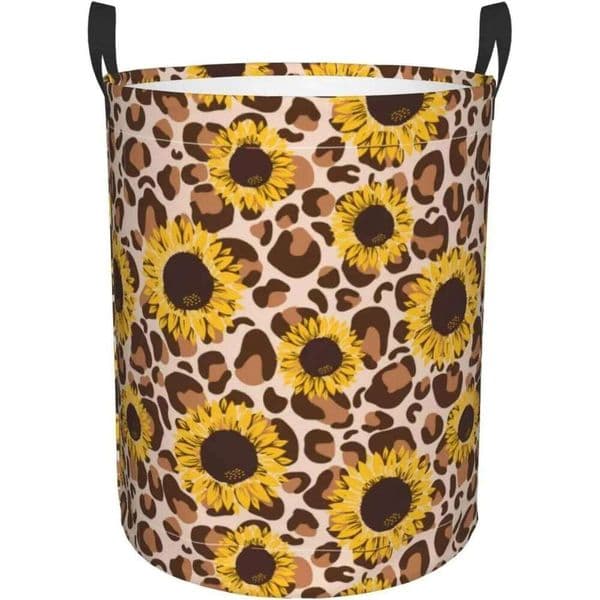 sunflowers yellow with leopard print Hamper Round Dirty Clothes Basket Circular Laundry Bag Storage basket 26H0126