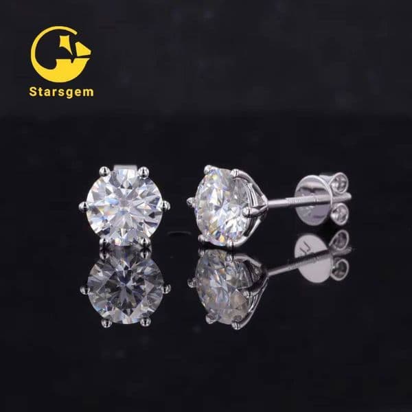 Starsgem Classic Style Six Prongs 10k 14k White Solid Gold Screw Back 1ct Moissanite Stud Earrings