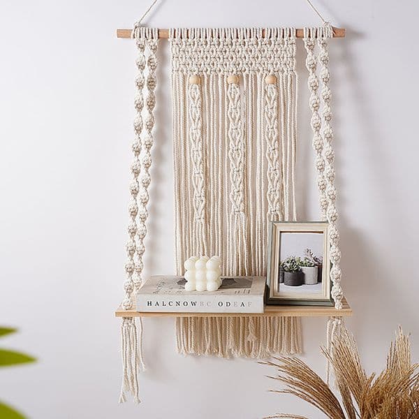 Macrame Wall Hanging Shelf Indoor Boho Wall Decor for Bedroom Woven Rope Bohemian Shelves Macrame Shelf Wall Hanging for Plant