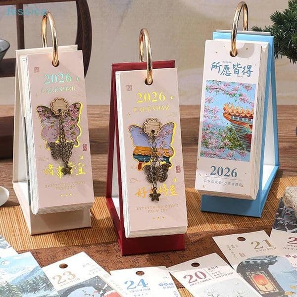 2026 Chinese Themed Desk Calendar Foldable Stand Calendars with Lucky Tassel Charms,One-Way Page Turn Daily Planner