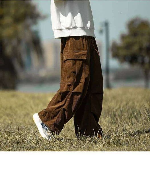 autumn and winter new retro brown corduroy multi pocket workwear for men, loose drawstring elastic waist pants
