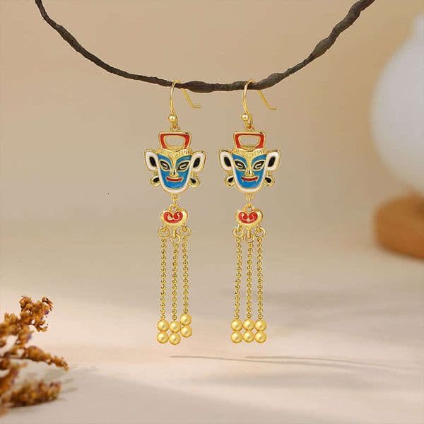 Sanxingdui Blessing Official Large Statue for Women Glaze Retro Cultural Creative Ancient Style Earrings Ear Hooks