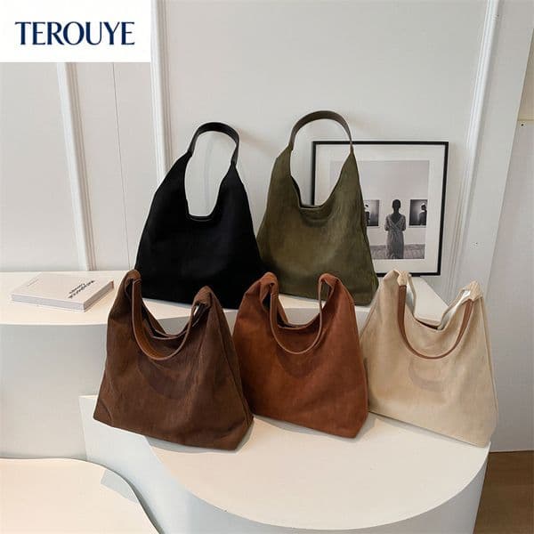 TEROUYE French retro style women's soft velvet clean bread autumn and winter new fashion large capacity shoulder bag light luxury bag simple bucket bag