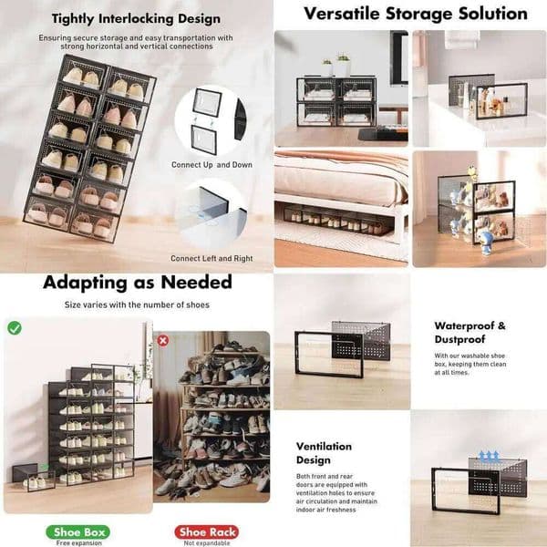 Storage Box, 15 Pack Clear Plastic Stackable Shoe Organizer Closet, Interlocking Design or Sneakers, oldable Shoes Conta 26H0127