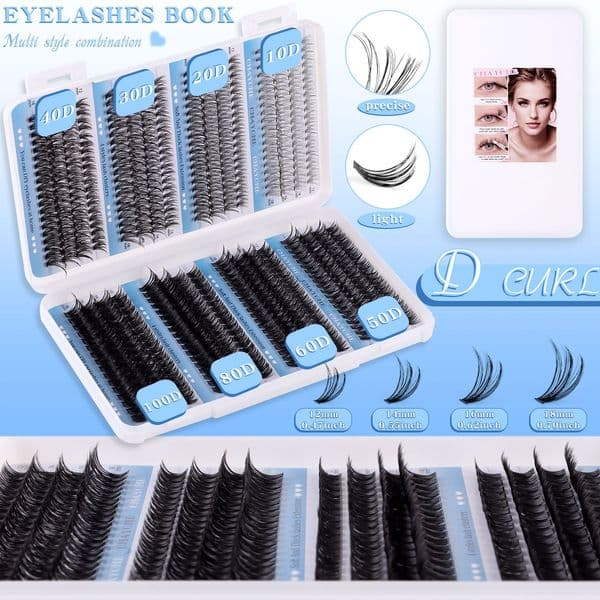 DIY Cluster Lashes Dense & Slender Fluffy Wispy DIY Individual Eyelashes Soft Lightweight Hand Made Reusable D Curled Cluster Segmented Eyelash Extensions for Women