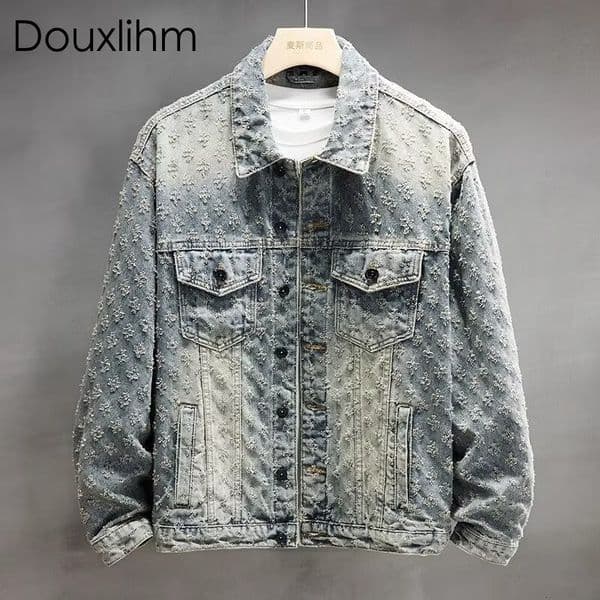 Douxlihm Free Shipping New Designer Clothing Fashion Trendy Brand Workwear Jacket High Street Cool Vintage Denim Jacket Men's Niche Jacquard Casual Jacket