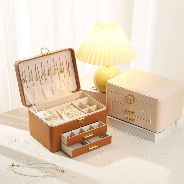 Large capacity pu leather jewelry with lock three-layer necklace ring earrings storage box for women's birthday gifts 26H0128