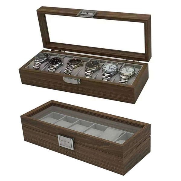 1PC Black Walnut Pattern 6-Digit Storage Display Wooden Watch Packaging Box 26H0128