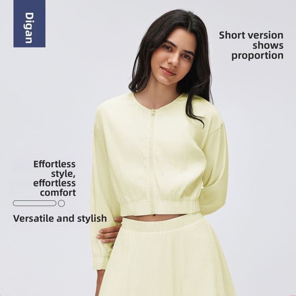 Short Zipper Thin Jacket for Women, Loose Fit, Slimming Long Sleeve Cardigan, Commuting Casual Versatile Sports Top D26022