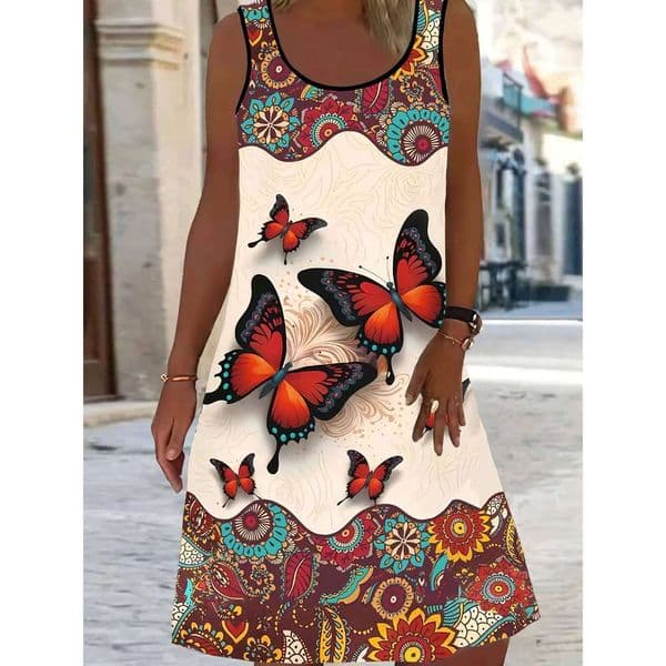 European and American fashion elegant round neck ethnic style print large size sleeveless women's dress