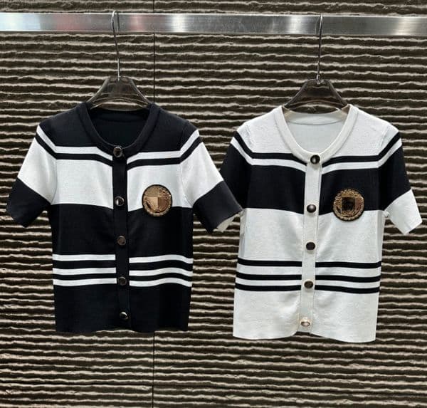 designer stripes Luxury Elegant Short Sleeve Knitted Tops For Women Summer Dating Chic Knitted Cardigans