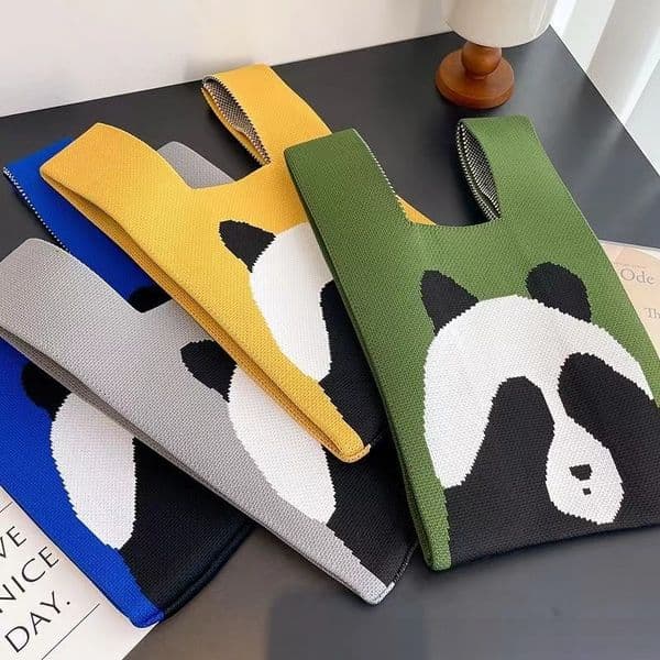 Cute Panda Handbag For Women Knitted Wool Bucket Korean And Japanese Style Versatile Handheld Casual Tote Lunch Bag