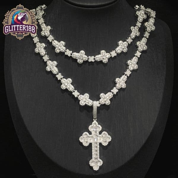 In Stock Mens Fine Jewelry Set Iced Out Bling Rectangle vvs moissaniteia Hip Hop Cross Pendant Necklace Fashionable Cross Chain