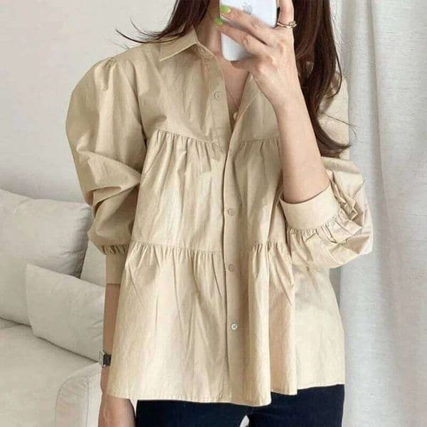 Flip Collar Single Breasted Pleated Patchwork Design Loose Bubble Sleeve Shirt Top for Women 267