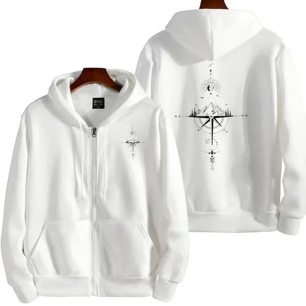 Vintage Compass Print Zip Hoodies for Men High Quality Hooded Long Sleeve Pullover Winter Daily Casual Sports Tops Men's Clothes ddmytues