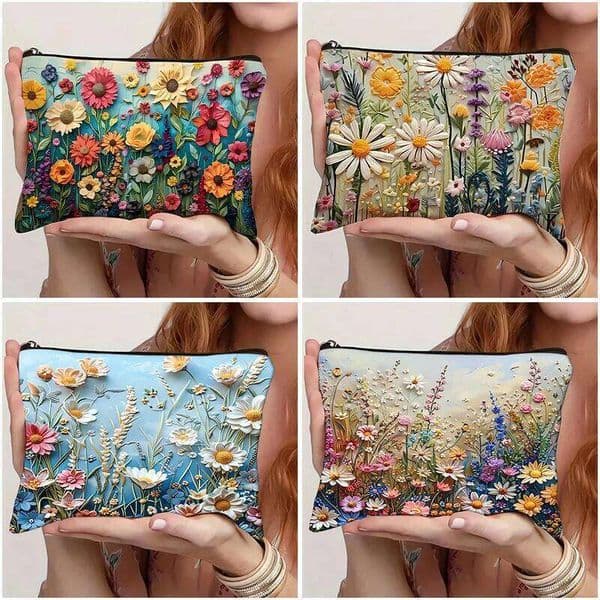 Colorful Flowers Pattern Makeup Bag, 3D Floral Coin Purse, Stylish Wash Storage Bags, Double Sided Print Clutch Women Travel Bag