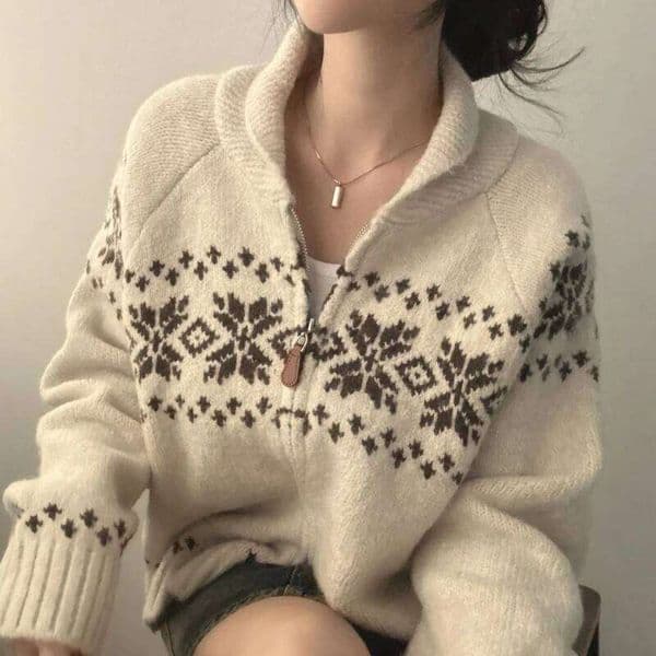 New Autumn and Winter Fashion Jacquard Women's Long-sleeved Casual Office Zipper Lapel Sweater Jacket