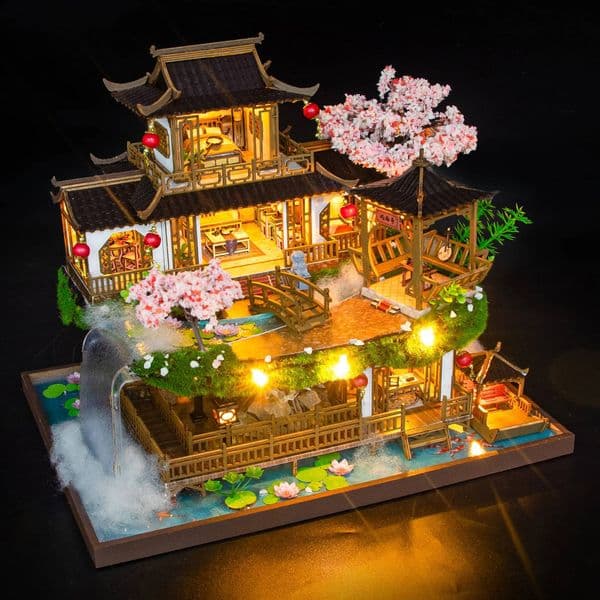 DIY Wooden Miniature Building Kit Doll Houses with Furniture Chinese Ancient Casa Dollhouse Handmade Toys for Girls Xmas Gifts