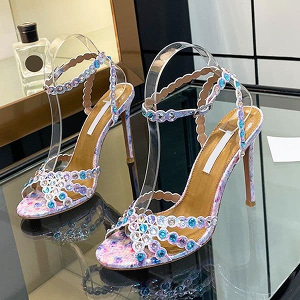 Genuine Leather Tequila Sandals With Crystals Designer Heels Rhinestone Embellished Sandals Fashion High Heel Party Dress Shoes 1047