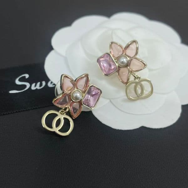 Brass Copper Letters Stud Designer Earrings Pink Flower Women Luxury Wedding Party Designers J