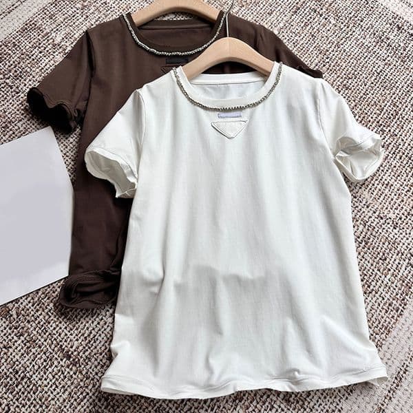 Ladies Early Spring Solid Color Rhinestone Crewneck T-shirt Designer Vintage Luxury Minimalist Short Sleeve Top White Brown Wire Detail Hem Runway Wear Women S0166