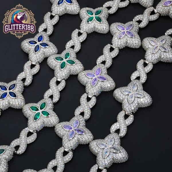 Factory Wholesale Iced Out Jewelry silver Colored vvs moissanite Four Leaf Clover Fashion Chain Link Bracelets Gift
