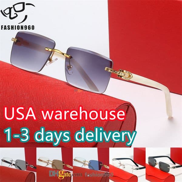 Diamond rimless sunglasses for women mens white buffalo horn sunglasses Classic Fashion shaped hinge Metal Optical Frame Rectangle woman sunglass 00520 00521