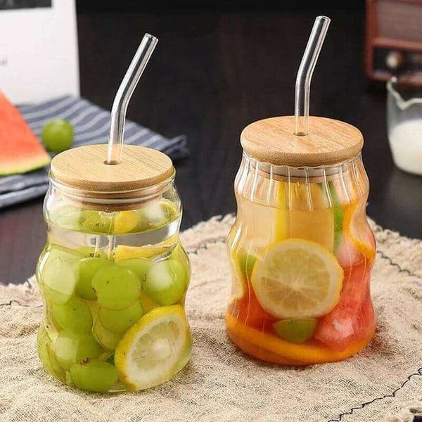 500ml Stripe With Lid and Straw Transparent Glass Mug Iced Coffee Drinking Glasses For Juice Water Cup Drinkware